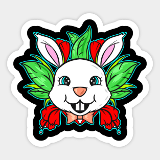 Easter Bunny With Bow Tie And Spring Flowers On Easter Sticker